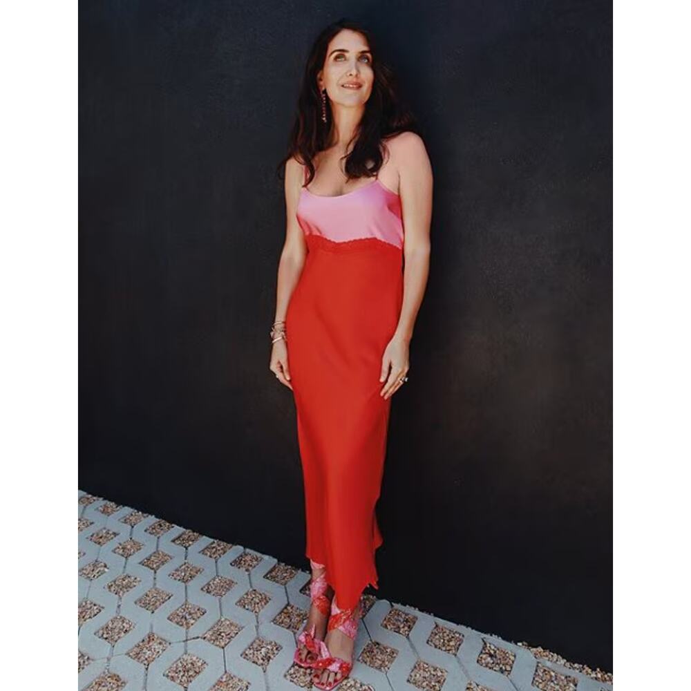 Gianni Bini DANNIJO Helena Satin Maxi Slip Dress Colorblock Pink Red US 12 NWT